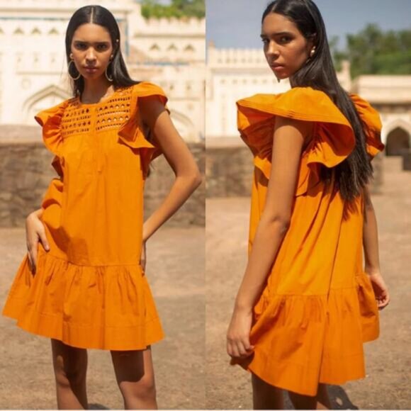 NWT Scarlet Poppies Flutter Sleeve Ishrant Short Dress Golden Oak Size: Medium - Picture 8 of 8